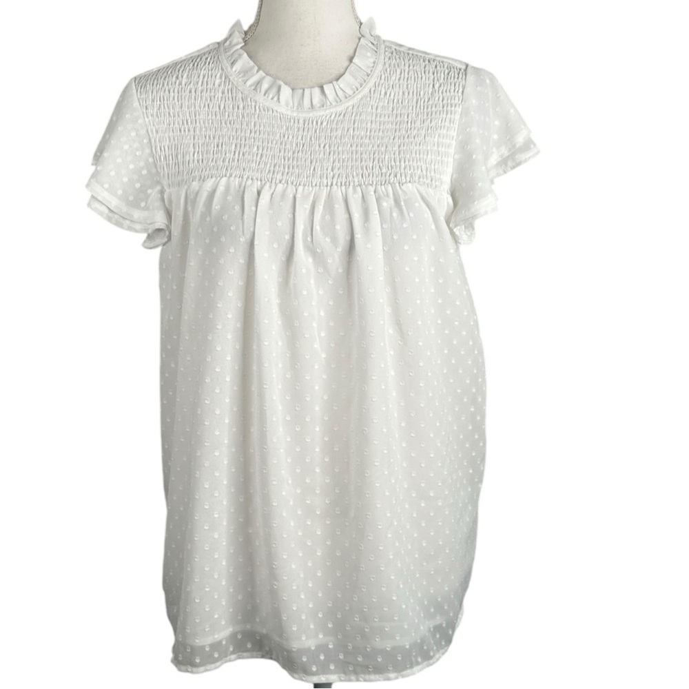 White Swiss Dot Sheer Ruffle Neck Cottagecore Romantic Flowy Smocked Top Size S